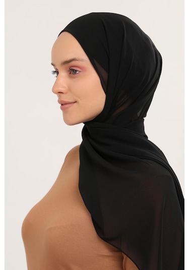 Hazır Pratik Lüks Geçmeli Lastikli Boneli Şifon Şal Siyah