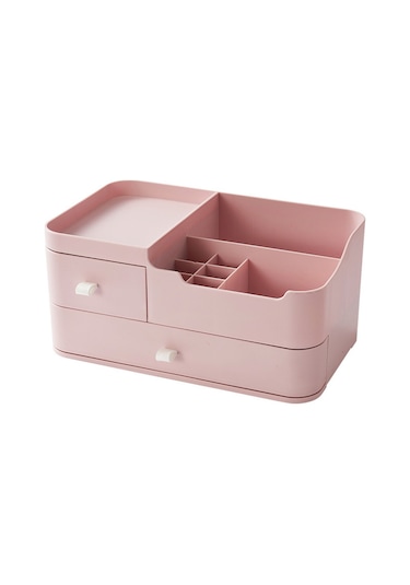 Youtek Masaüstü Makyaj Ve Bakım Ürünleri Depolama Kutusu - Çekmeceli Plastik Organizer - Basit Tasarım - Pembe Pembe