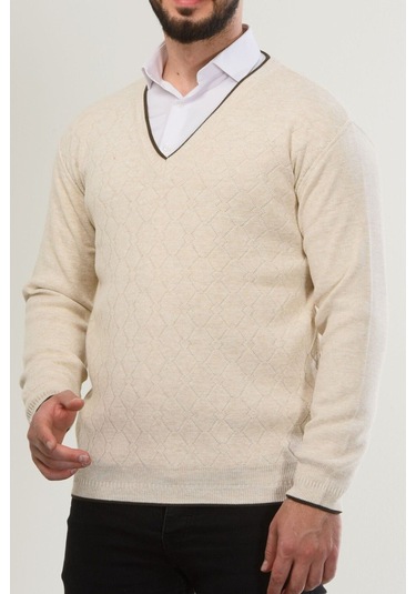 Kamalı Erkek V Yaka Triko Uzun Kol Standart Fit Tüylenmeyen Triko Kışlık Örgü Kazak Taş