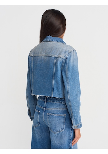 Dilvin 65366 Fleto Cepli Crop Denim Ceket-mavi Mavi