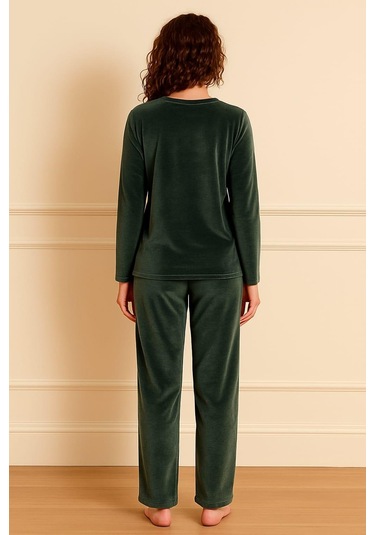 Kadın 13166-2782 Uzun Kol Kadife Pijama Takımı Yeşil Yeşil