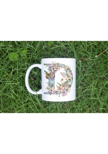 D Harfi Çiçekli Kupa Bardak - Soft Renk Çiçek Ve Kelebek Desenli Zarif Kahve Kupası - Bohem Beyaz