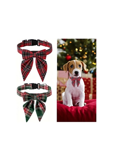 Elmpaly Kırmızı Ekose Köpek Tasması Dekoratif Papyon Güvenli Toka