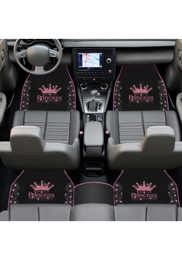 Işıltıya Hazır Ol, Bu Yol Senin Pembe Taşlı Prenses Taç Desenli 5 Li Nakışlı Oto Halı Paspas Seti