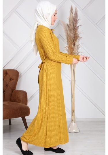 Reis Pamuk Viskon Puantiyeli Sarı Kadın Tesettür ElbiseSarı