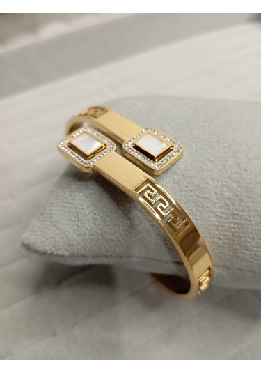Gold Renk Beyaz Mineli Kelepçe Bileklik Gold