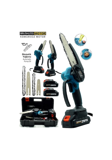 Rowermax Kömürsüz Motor Otomatik Yağlamalı Çift Pala-zincir Dal Budama Akülü Ağaç Kesme Testere