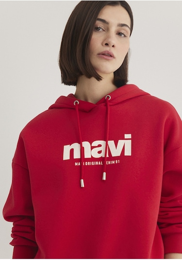 Mavi - Mavi Logo Baskılı Kapüşonlu Kırmızı Sweatshirt 168334-35476 Kırmızı