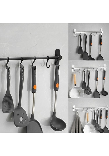 Beyaz 50cm Uzunlukta Uzay Alüminyum Otomatik Yapışkan Kaydırılabilir 8 Kanca Duvar Takımı - Mutfak Gereçleri Organizatörü Diğer Diğer