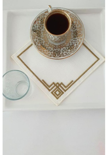 Köşe Nakışlı Keten Kare Bardak Altlığı Seti 6 Lı Kahve Kahverengi