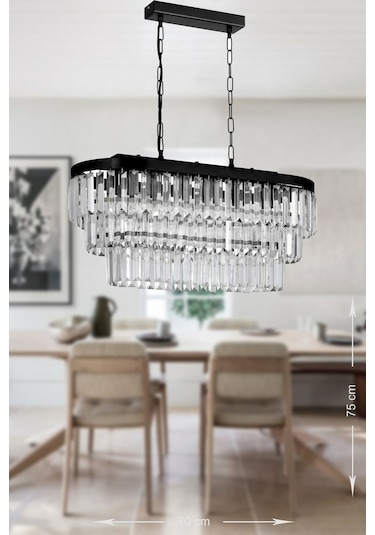 Linsa 70x30 Cm'lik Kristal Cam Taşlı Yemek Masası Üstü Lüks Avize - Mat Siyah Siyah