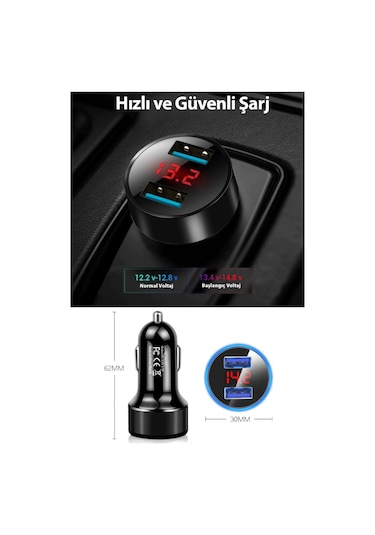 Çakmaklık Oto Araç Hızlı Şarj Aleti 3.1a Usb Çift Girişli Siyah Led Ekranlı
