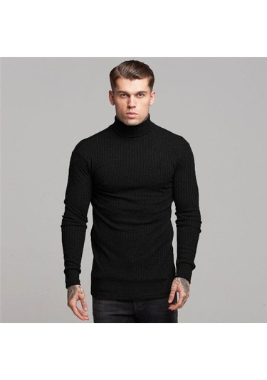 Erkek Orta Boyun Örme Kazak Kore Tarzı Katı Yarım Balıkçı Yaka Uzun Kollu Tişört Sıcak Satış Casual Tops Siyah
