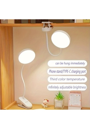 Boatshop1 1pc Usb Şarj Edilebilir Dokunmatik Kontrollü Led Masa Lambası Ayarlanabilir Parlaklık Göz Koruma Okuma Lambası Beyaz Plastik Taban Klipsli Ev Ve Ofis İçin Ahşap