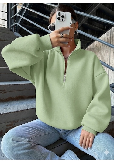 No8 Home 3 İplik Şardonlu Yarım Fermuarlı Sweatshirt Mint Mint