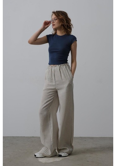 Çizgili Pamuklu Lastikli Pantolon - Bej-lacivert Bej - Lacivert