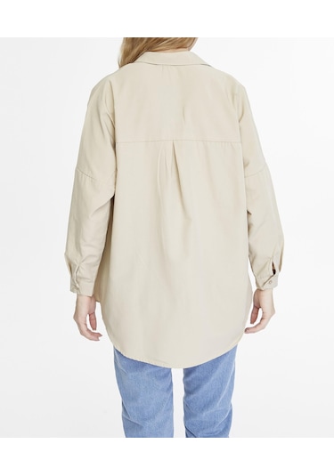 Kadın Oversize Uzun Basic Gömlek - Koyu Krem