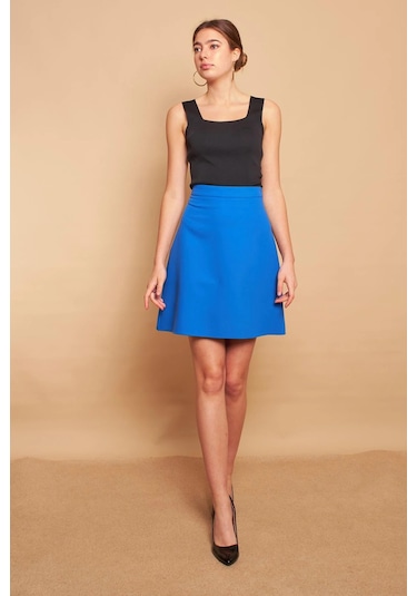 Yüksek Bel Hafif Likralı Kumaş Diz Boy Çan Etek-sax SAX