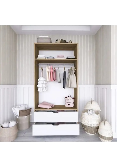 90 Cm Açık Ceviz-beyaz 2 Kapılı 2 Çekmeceli Elbise Dolabı - Gardırop Açık Ceviz & Beyaz