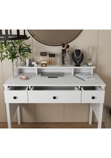 Lumera Modern Makyaj Masası 2 Dolap 4 Çekmeceli Mdf Profil Ayaklı 132 Cm Beyaz