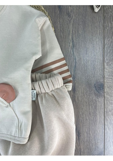 Oversize Şerit Detaylı Yumuşak Doku Bereli Erkek Bebek 3'lü Takım Krem