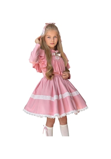 Riccotarz Kız Çocuk Göğsü Ve Yakası Fırfırlı Eteği Pliseli Dantel Şerit Detaylı Pudra Elbise Pudra