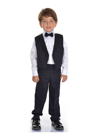 Saten Yaka Kuşaklı Yelekli Erkek Çocuk Takım 001