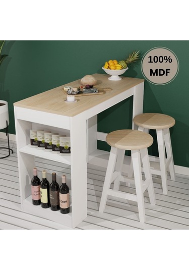 Çok Amaçlı Mdf Bar Mutfak Masası Tabure Dahil Değildir Beyaz - Meşe