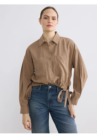 Lc Waikiki Bej Bağcıklı Oversize Kadın Gömlek
