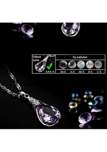 Brezza Lusso Jewelry Gümüş Su Damlası Ametist Taşı Kadın Kolye Küpe Seti Gümüş Set