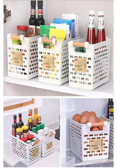 Bayev 4 Adet Beyaz Ahşap Renk Saplı Buzdolabı Mutfak Düzenleyici Banyo Düzenleyici Organizer Sepet Beyaz