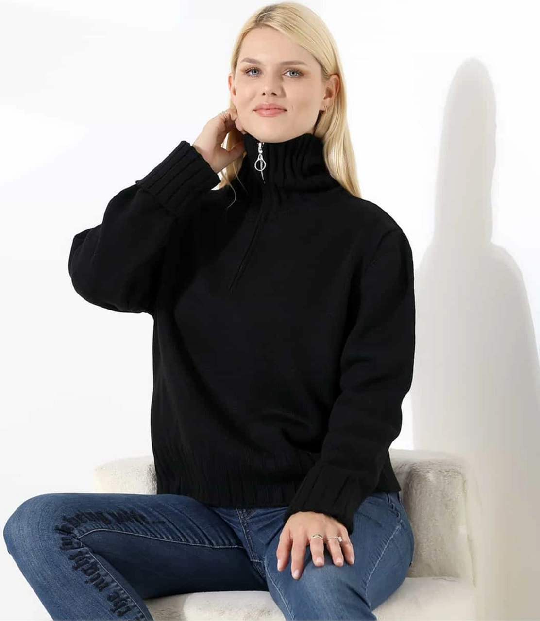 Yüksek Yaka Fermuarlı Triko Kazak Siyah