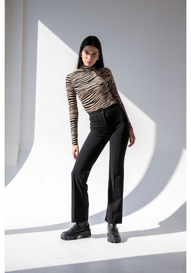 Kadın Siyah Yüksek Bel Toparlayıcı İspanyol Paça Pantolon Siyah