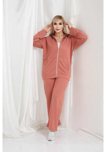 Kadın Büyük Beden Fermuarlı Uzun Kollu Rahat Günlük Eşofman Takım Somon