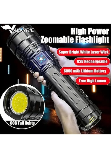 Valkyrie Ultra Güçlü Yüksek Parlaklık M80 Led Şarjlı El Feneri 6000mah Powerbank Siyah
