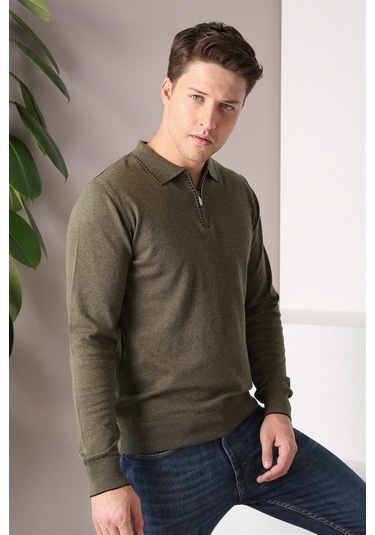 Ferraro Haki Polo Yaka Fermuarlı Erkek Pamuk Kazak Haki (456045549) Haki