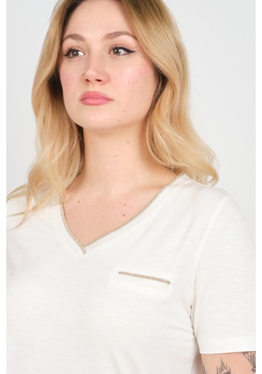 Ella Camelia Kadın Simli Süs Cepli V Yaka Kısa Kollu Bluz 24e038 Ekru Ekru