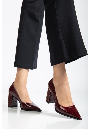 Suins Premium Kevin Model Kadın Kalın Topuklu Kroko Stiletto Ayakkabı Bordo