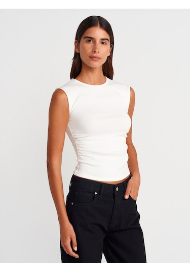 Dilvin 21054 Büzgülü Basic T-shirt-ekru Ekru