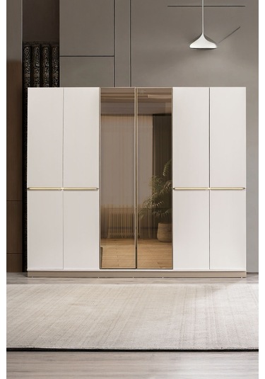Alfa 6 Kapaklı Aynalı Mdf Gardırop Bej