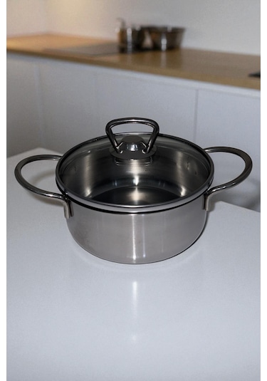 Cam Kapaklı Mini Tencere Paslanmaz Çelik 15 Cm