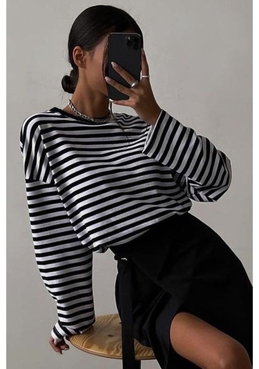 Siyah Çizgili Sweatshirt Mg2572 Siyah