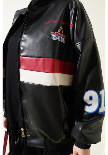 Bigdart T0698 Baskılı Suni Deri Bomber Ceket - Siyah