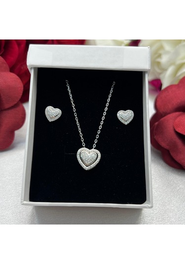 Açılabilir Kalp Kadın 2'li Seti 925 Ayar Gümüş Rodyumlu Zirkon Taşlı Gümüş