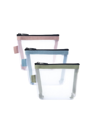 Geekyou 3'lü Minik Şeffaf Nilon Mesh Çantalar - Seyahat & Makyaj Malzemeleri İçin Taşınabilir Saklama Çantaları Mavi, Pembe, Yeşil