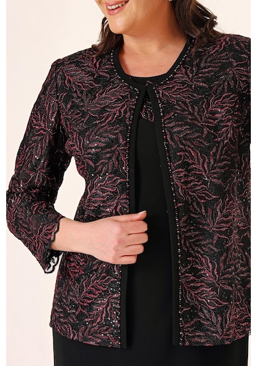 Yakası Boncuk Nakışlı Uzun Elbise Boncuk Pul Nakışlı Ceket Astarlı Büyük Beden 2'li Takım-35341-bordo Bordo