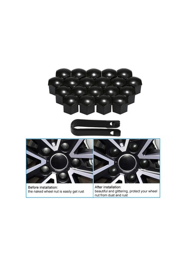 Symbee 21mm Abs Plastiği Araba Tekerlek Somunu Kapağı, Pas Koruma, Sade Montaj, Siyah, 20 Adet + Çıkarma Aracı