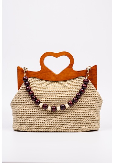 Fabric Craft Bag El Çantası Örgü Floş İplik Ahşap Saplı Açık Bej