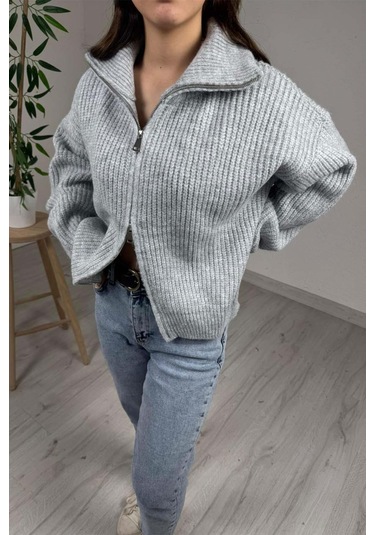 Explode - Kadın Premium Gri Çift Fermuarlı Overisize Triko Kazak Gri