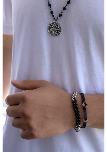 Çift Renkli Çelik Zincir Erkek Bileklik Siyah